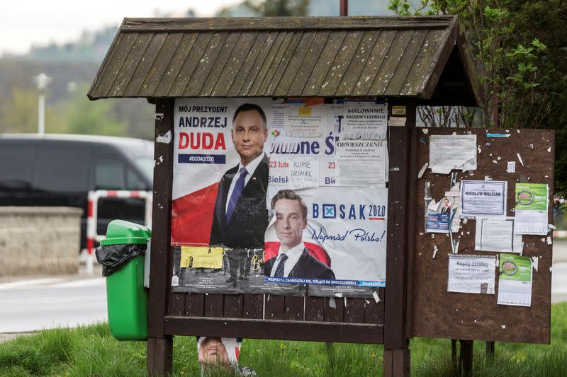 Election poster of Polish President Andrzej Duda is seen on a street following the outbreak of the coronavirus disease (COVID-19) in Izdebnik