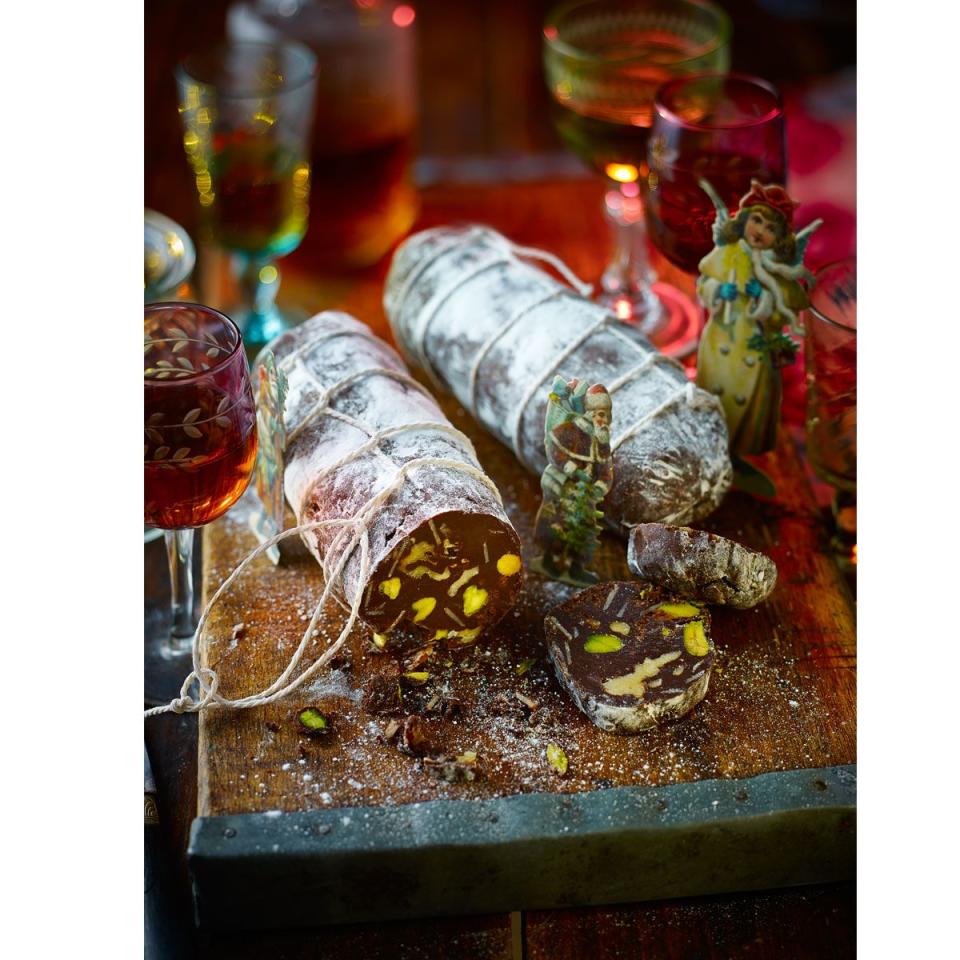 <p>This looks just like the classic cured sausage, but is actually full of nuts and chocolate! A decadent and fun homemade Christmas gift.</p><p><strong>Recipe: <a href="https://www.goodhousekeeping.com/uk/christmas/christmas-recipes/chocolate-salami" rel="nofollow noopener" target="_blank" data-ylk="slk:Chocolate salami;elm:context_link;itc:0;sec:content-canvas" class="link ">Chocolate salami</a></strong><br></p><p><br><br></p>
