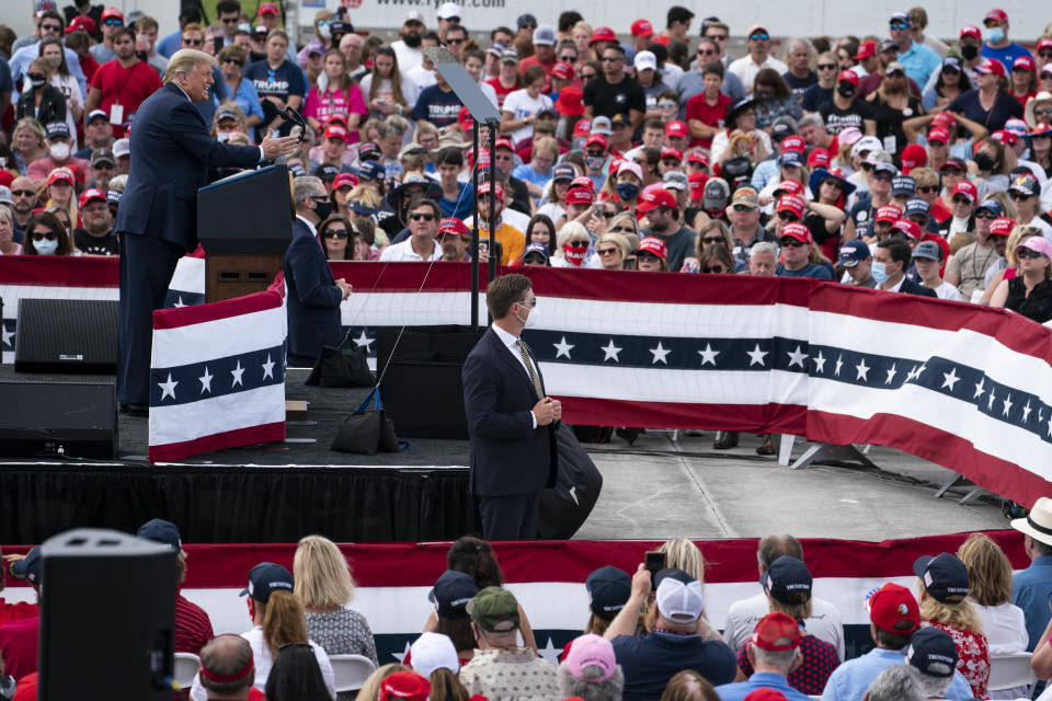 President Donald Trump speaks during a campaign rally at Pitt-Greenville Airport, Thursday, Oct. 15, 2020, in Greenville, N.C. (AP Photo/Evan Vucci)