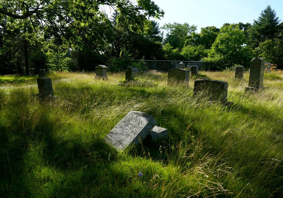 Overgrown grass surrounds graves at Oakland Cemetery in Cranston.