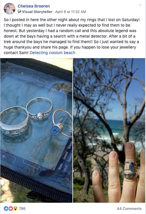 Chelsea couldn’t believe her luck when “absolute legend” Sam found her treasured rings. Source: Facebook