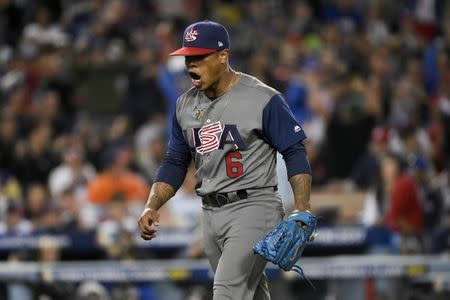 Mar 22, 2017; Los Angeles, CA, USA; United States pitcher Marcus Stroman (6) reacts during the fifth inning of the 2017 World Baseball Classic against Puerto Rico at Dodger Stadium. Kelvin Kuo-USA TODAY Sports