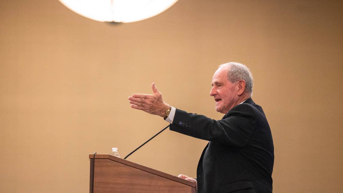 U.S. Sen. Jim Risch, R-Idaho, delivers the keynote speech during a Boise Metro Chamber event at The Riverside Hotel in Garden City in November of 2023.