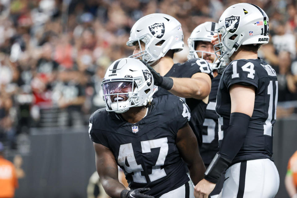 LAS VEGAS, NEVADA – AUGUST 13: Running back Sincere McCormick #47 of the Las Vegas Raiders celebrates after a receiving touchdown during the fourth quarter during a preseason game against the San Francisco 49ers at Allegiant Stadium on August 13, 2023 in Las Vegas, Nevada. The Raiders defeated the 49ers 34-7. (Photo by Ian Maule/Getty Images)