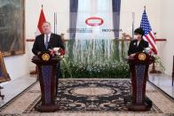 U.S. Secretary of State Mike Pompeo talks while making a joint media statement with Indonesian Foreign Minister Retno Marsudi following their meeting in Jakarta