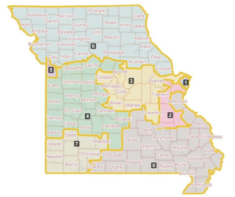 The congressional redistricting proposal passed by the Missouri Senate on March 24, 2022.