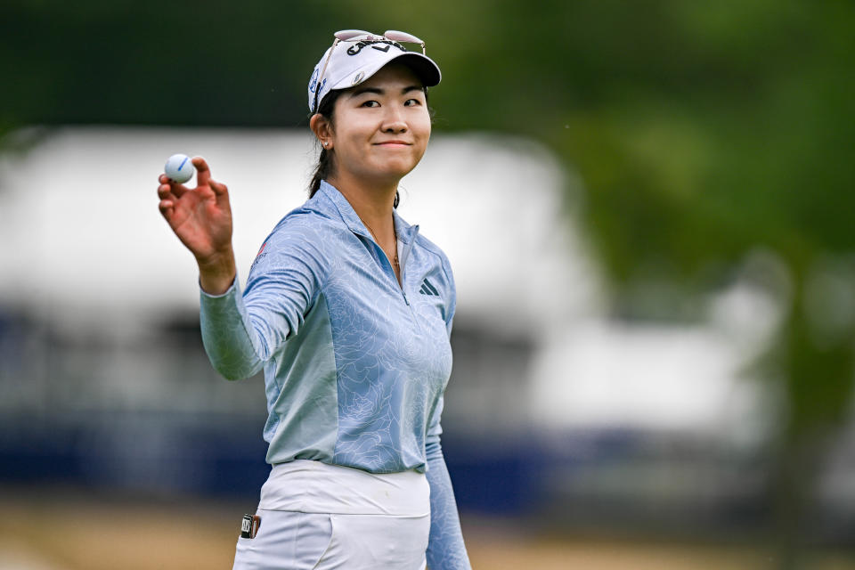Rose Zhang reacts after completing the 18th hole during the final round of the KPMG Women's PGA Championship.