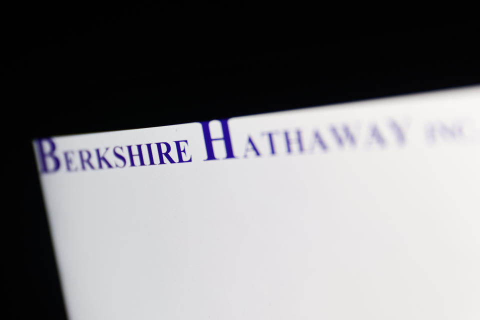 Berkshire Hathaway Inc. logo displayed on a laptop screen is seen in this illustration photo taken in Krakow, Poland on February 22, 2024. (Photo by Jakub Porzycki/NurPhoto via Getty Images)