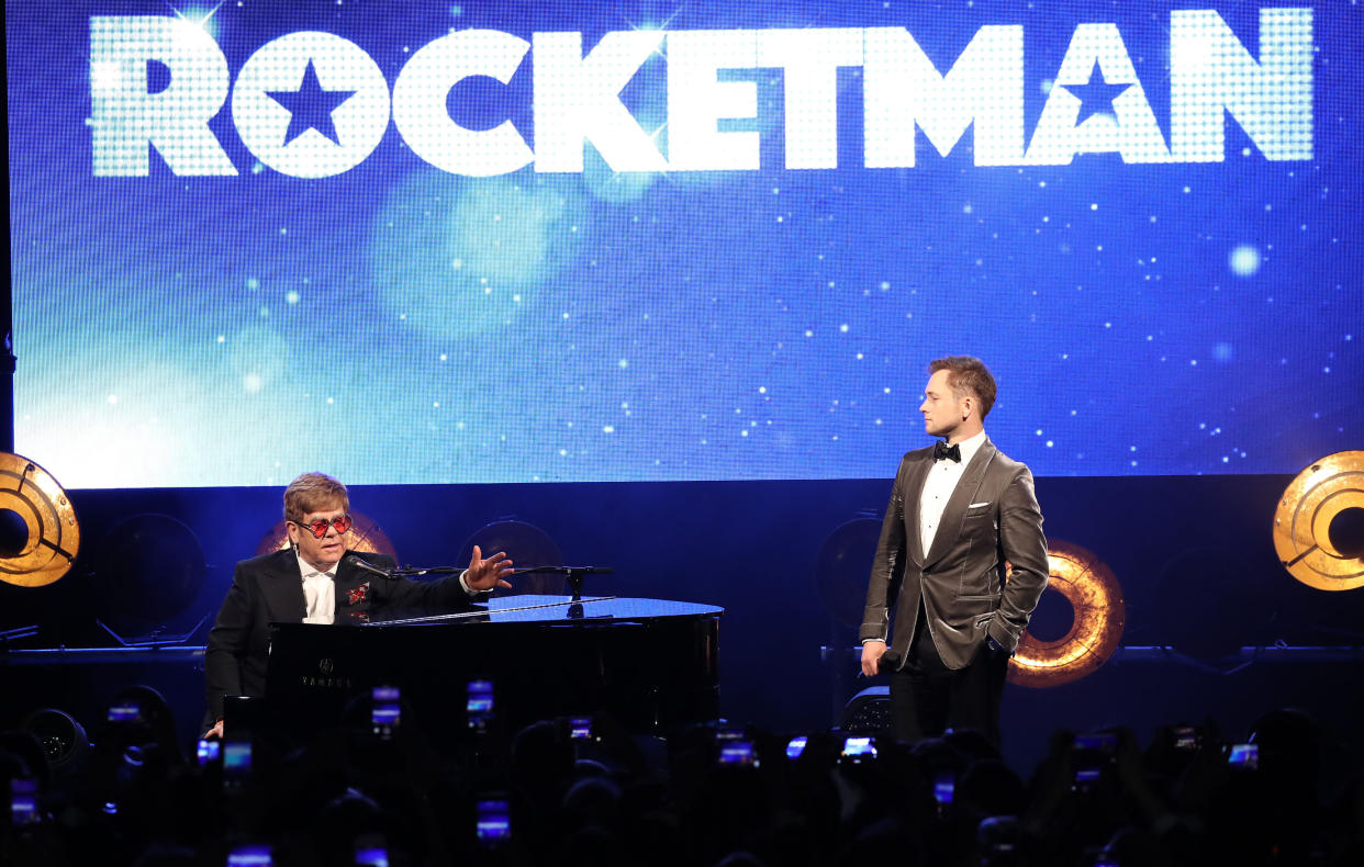 CANNES, FRANCE - MAY 16: Sir Elton John and Taron Egerton attend the "Rocketman" Gala Party during the 72nd annual Cannes Film Festival on May 16, 2019 in Cannes, France. (Photo by Mike Marsland/WireImage)