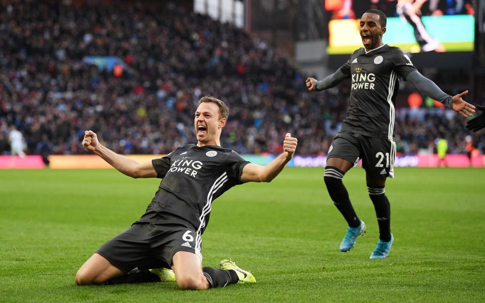 Jonny Evans of Leicester City celebrates after scoring his team's third goal during the Premier League match between Aston Villa and Leicester City - GETTY IMAGES