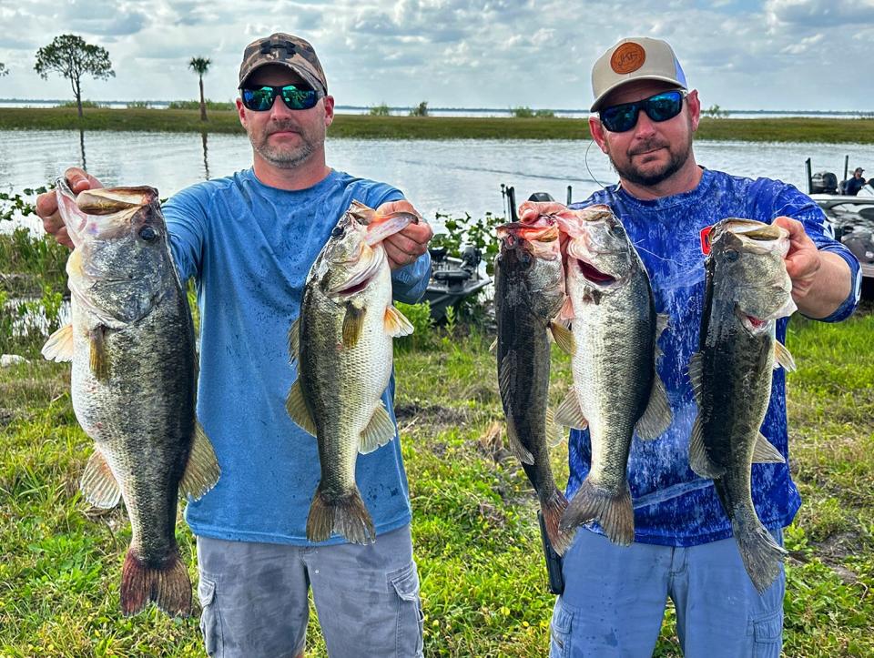 Travis Clark, left, and Robby Wright had 19.29 pounds and also had big bass with a 7.39 pounder to win the Xtreme Bass Series Central Florida Division tournament Feb. 19 at Lake Walk-in-the-Water.