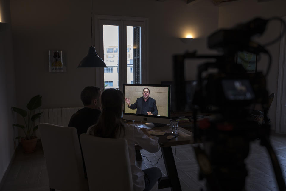 The leader of the Catalan ERC party and European Parliament candidate Oriol Junqueras speaks from Soto del Real prison in Madrid, on Friday, May 24, 2019, during an interview via video conference with The Associated Press in Barcelona, Spain. (AP Photo/Emilio Morenatti)