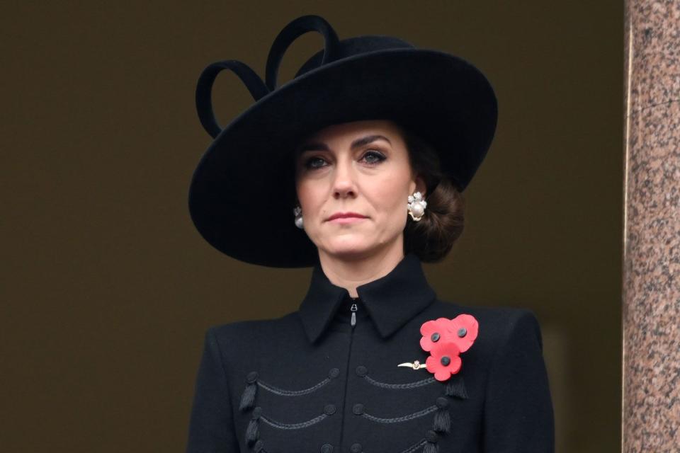 <p>Karwai Tang/WireImage</p> Queen Camilla and Catherine, Princess of Wales attends the National Service of Remembrance at The Cenotaph on November 12, 2023 in London, England. 