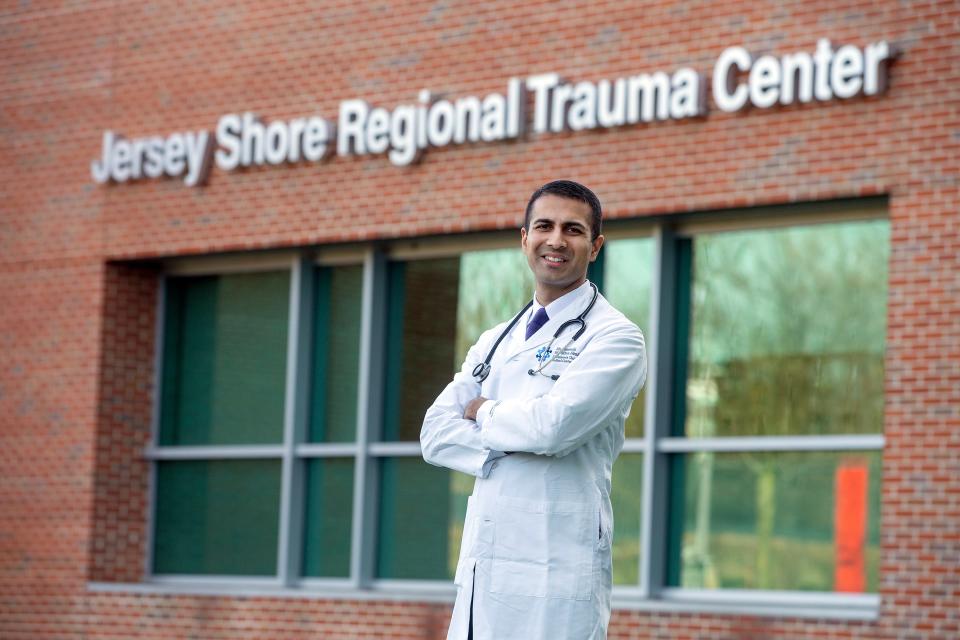 Dr. Aakash Shah, who has overseen the project to help reduce gun violence incidents by intervening with gunshot victims who are treated in the emergency room, stands outside of the emergency department at Jersey Shore University Medical Center in Neptune, NJ Monday February 27, 2023. Since the program began two years ago, it has helped more than 400 people.