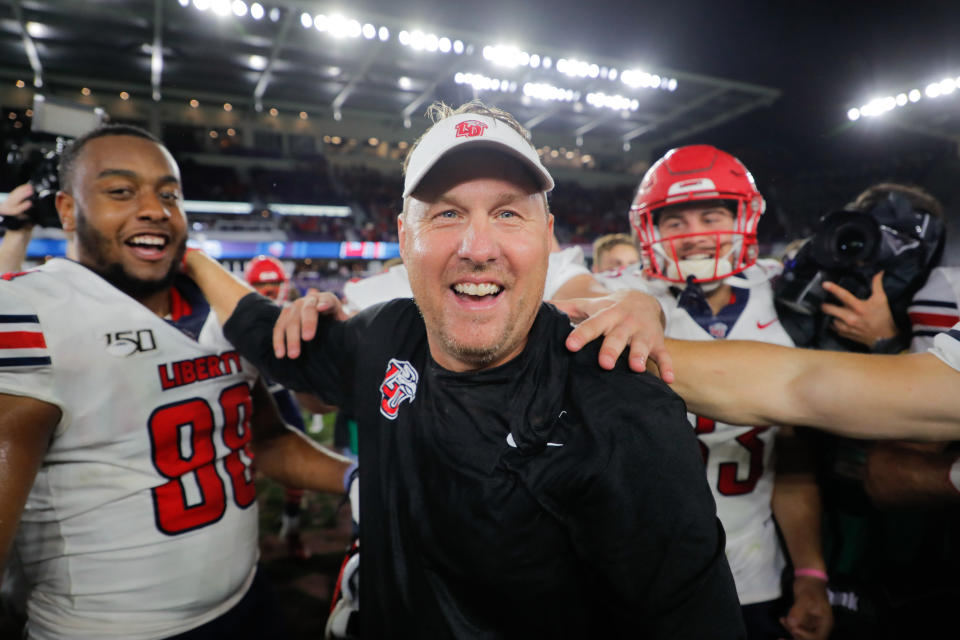 Hugh Freeze compiled a 34-15 record in four seasons as Liberty&#39;s head coach. He was hired as Auburn&#39;s new coach on Monday. (Photo by James Gilbert/Getty Images)