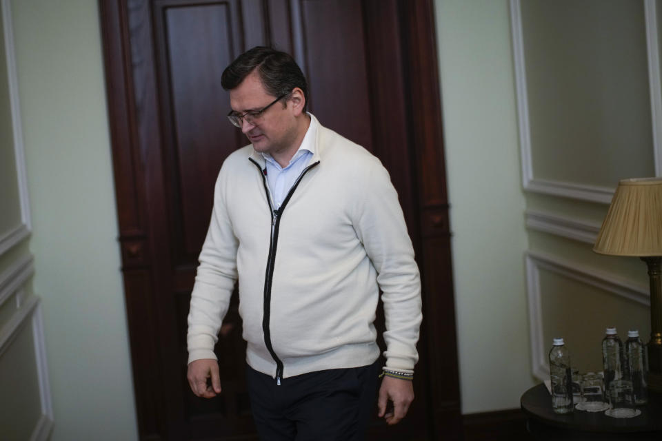 Ukrainian Foreign Minister Dmytro Kuleba arrives for an interview with Associated Press at the Foreign Affairs Ministry in Kyiv, Monday, April 25, 2022. (AP Photo/Francisco Seco)