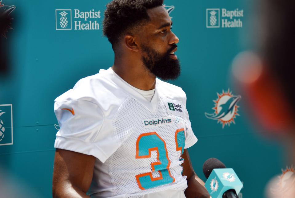 Miami Dolphins running back Raheem Mostert (31) answers questions from the media during 2022 training camp at Baptist Health Training Complex in Miami Gardens.