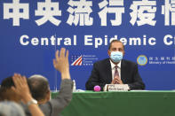 U.S. Health and Human Services Secretary Alex Azar takes questions from the press at the Central Epidemic Command Center in Taipei, Taiwan, Monday, Aug. 10, 2020. Azar arrived in Taiwan on Sunday in the highest-level visit by an American Cabinet official since the break in formal diplomatic relations between Washington and Taipei in 1979. (AP Photo/Chiang Ying-ying)