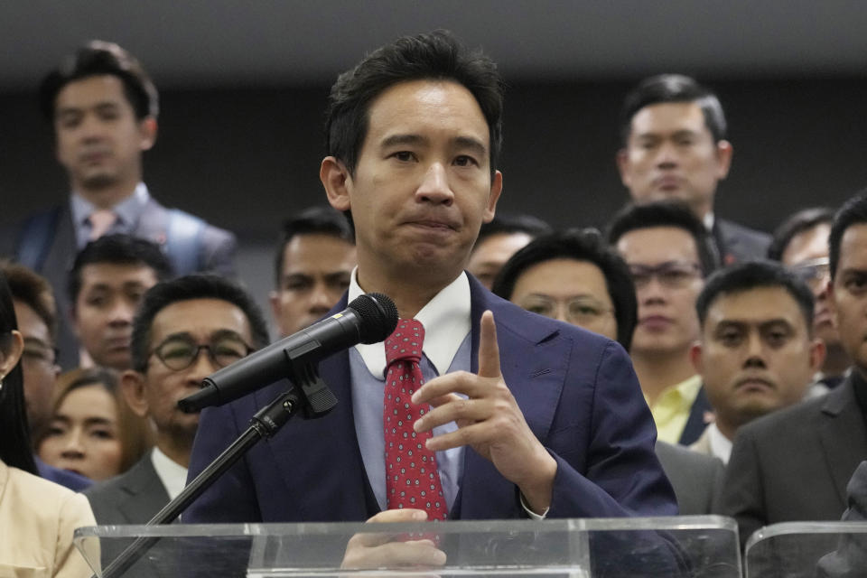 Former leader of Move Forward party Pita Limjaroenrat talks to reporters during a news conference at parliament in Bangkok, Thailand, Wednesday, Jan. 31, 2024. Thailand’s Constitutional Court ruled Wednesday that the progressive Move Forward party must cease advocating amending the law on royal defamation — a decision that leaves the party vulnerable to further complaints and even dissolution. (AP Photo/Sakchai Lalit)