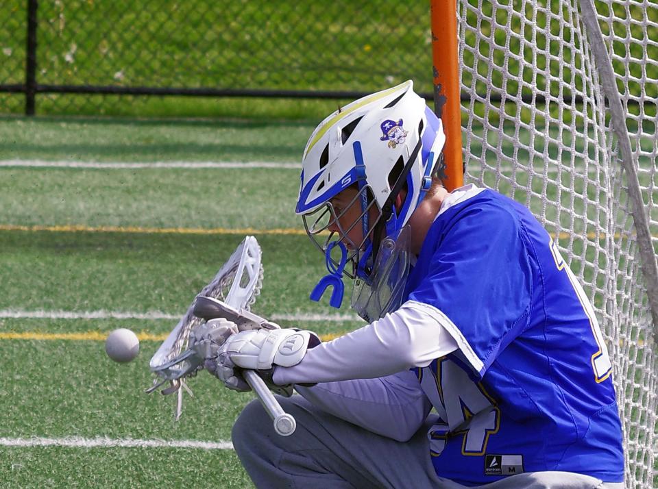 Hull lacrosse goalie Sean Walsh warms up before a game against Abington on May 9, 2023.