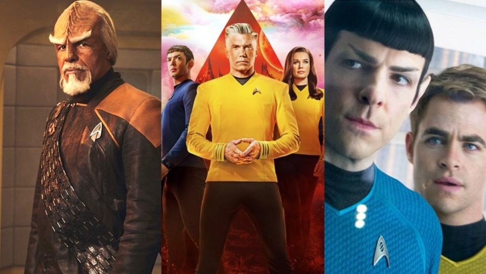 From (L) to (R), Worf (Michael Dorn) on Star Trek: Picard, Ethan Peck, Anson Mount, and Rebecca Romijn from Star Trek: Strange New Worlds, and Zachary Quinto and Chris Pine in Star Trek Into Darkness.