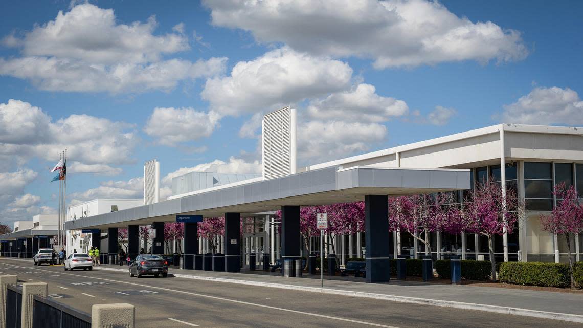 Beautiful skies appear above the terminal at Fresno Yosemite International Airport on Friday, March 20, 2020.