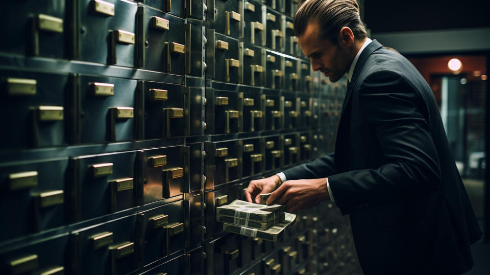 A bank teller counting currency notes in a safe deposit box.