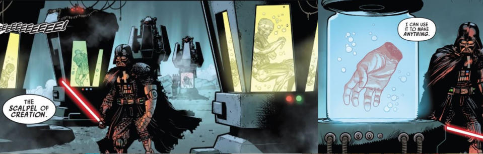 In Darth Vader #11, the Sith Lord discover's Palpatine's clone factory, and the severed hand of his son.