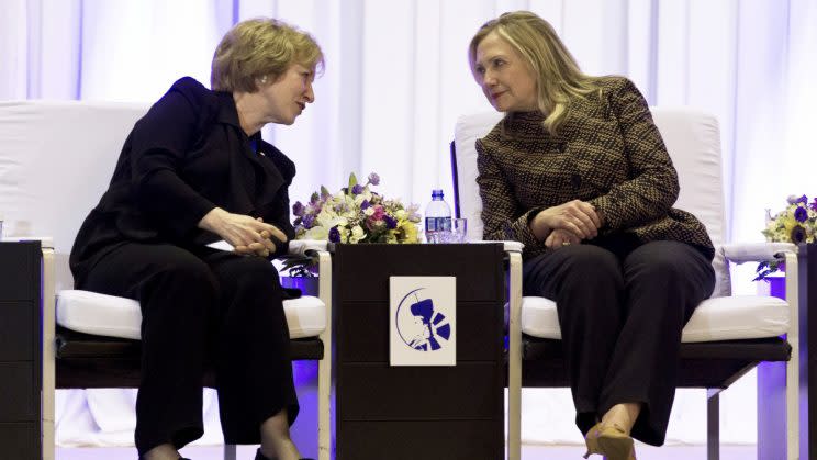 Kim Campbell with Hillary Clinton. Photo from AP.