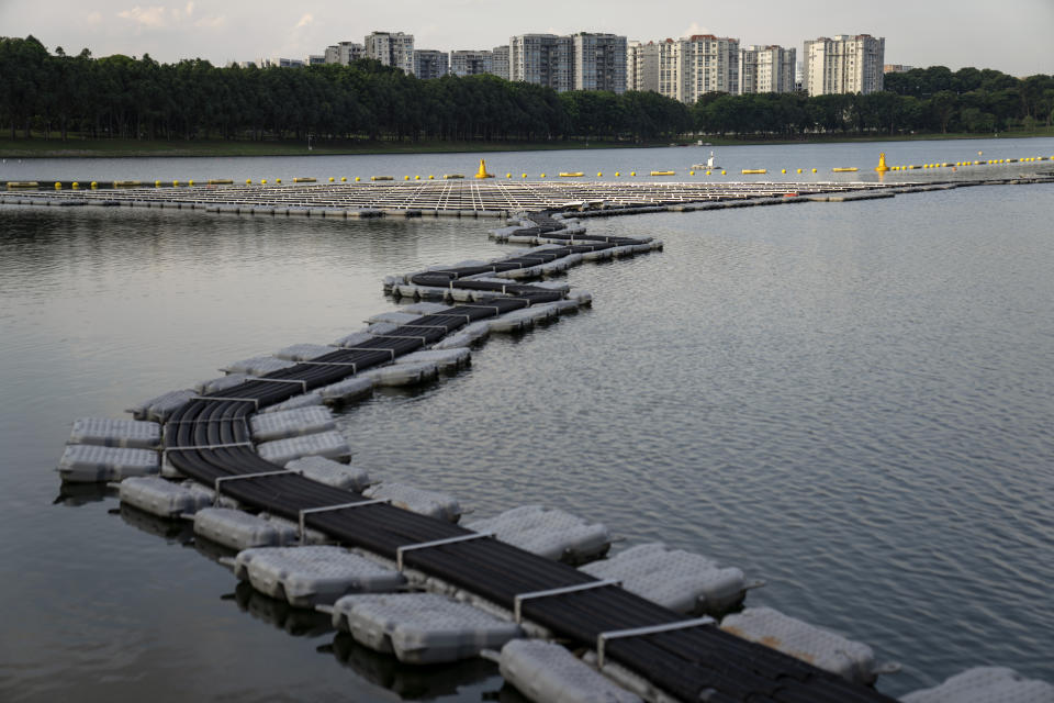 Cables run out to a floating solar panel farm on the Bedok Reservoir as apartment buildings rise in the background in Singapore, Sunday, July 16, 2023. Singapore is one of the most densely populated countries on the planet. In recent decades the island has also transformed into a modern international business hub with a rapidly developing economy. The boom has caused the country's water consumption to increase by over twelve times since the country's independence from Malaysia in 1965 and is only expected to continue to grow. (AP Photo/David Goldman)