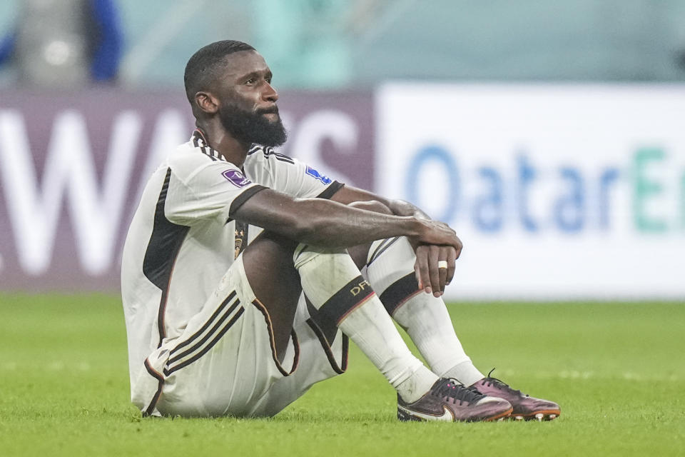 Germany's Antonio Ruediger reacts at the end of the World Cup group E soccer match between Costa Rica and Germany at the Al Bayt Stadium in Al Khor, Qatar, Thursday, Dec. 1, 2022. (AP Photo/Matthias Schrader)