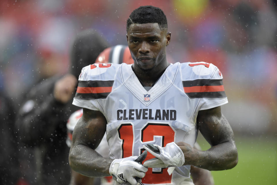 FILE - In this Sunday, Sept. 9, 2018, file photo, Cleveland Browns' Josh Gordon walks off the field after an NFL football game against the Pittsburgh Steelers in Cleveland. The Browns have traded problematic Gordon to the New England Patriots for a fifth-round draft pick. The deal came together Monday, Sept. 17, 2018, two days after the Browns reached a breaking point with Gordon, who has been suspended for much of his NFL career. (AP Photo/David Richard, File)