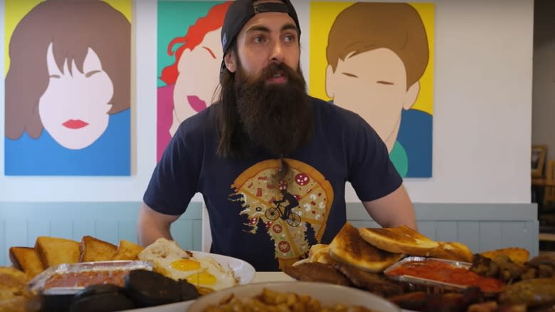 Adam Moran, Beard Meats Food, at the 50-Item Fry Up Challenge at The Breakfast Club, United Kingdom