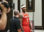 Sep 24, 2018; Houston, Tx, USA; Houston Rockets forward Carmelo Anthony (7) smiles during media day at Post Oak Hotel. Mandatory Credit: Troy Taormina-USA TODAY Sports