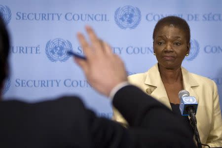 Outgoing United Nations' humanitarian chief Valerie Amos speaks to the media during her final news conference at United Nations Headquarters in the Manhattan borough New York May 28, 2015. REUTERS/Carlo Allegri