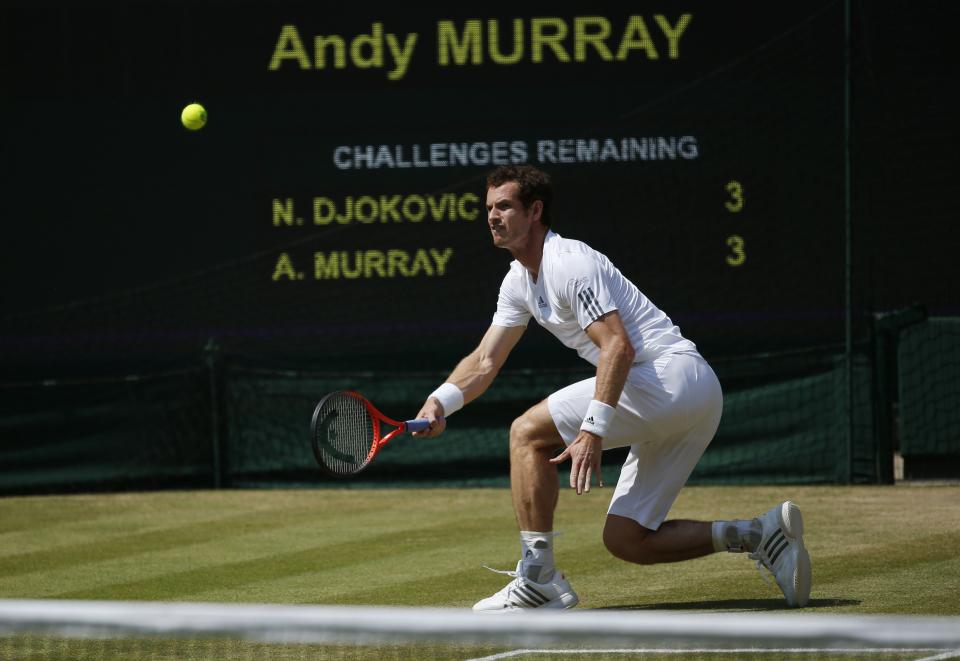 Great Britain's Andy Murray in his Men's Final against Serbia's Novak Djokovic during day thirteen of the Wimbledon Championships at The All England Lawn Tennis and Croquet Club, Wimbledon.