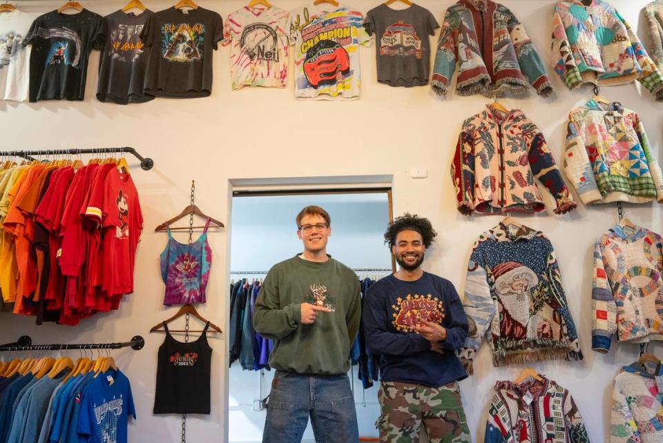 Two A.M. Fits owner C.R. Curless, left and YBG Studios owner Mark Lozada have set up their clothes in a space they share with Knockout Sneaker Boutique at 600 E. Douglas.