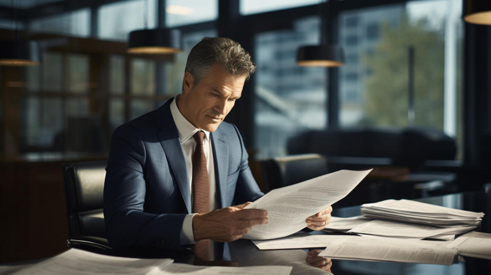 A business executive in a boardroom reviewing documents and discussing opportunities for the REIT.