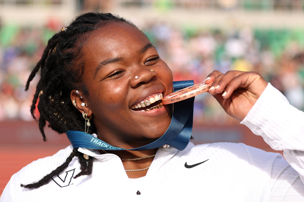 EUGENE, OREGON - JUNE 27: Veronica Fraley poses with the bronze medal after placing third in the women's discus throw final on Day Seven of the 2024 U.S. Olympic Team Track & Field Trials at Hayward Field on June 27, 2024 in Eugene, Oregon. (Photo by Christian Petersen/Getty Images)