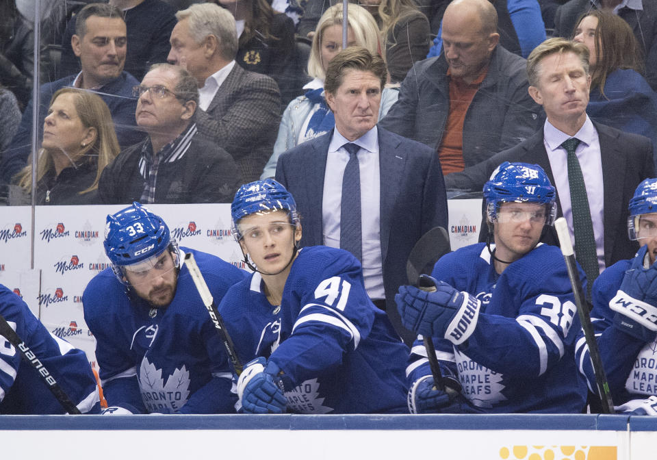 Oct 5, 2019; Toronto, Ontario, CAN; Toronto Maple Leafs head coach Mike Babcock watches the play during the third period against the Montreal Canadiens at Scotiabank Arena. Mandatory Credit: Nick Turchiaro-USA TODAY Sports