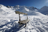 March 11: The Bench by J!bz. 'Close to Col du Lautaret at 2058m altitude in the Alps, France. The sky is blue and cloudless. In the snow, a few hundred meters from the road, there is this battered bench surrounded by beautiful scenery of snow-capped mountains - a perfect spot for a view.'