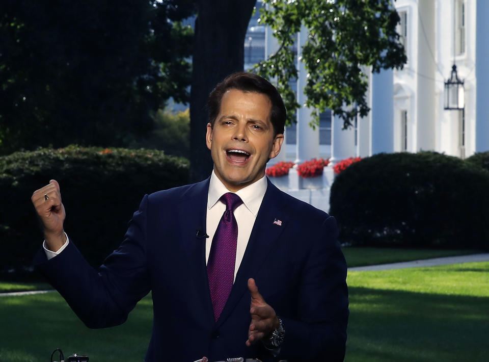 Scaramucci speaks&nbsp;to a morning television show, from the north lawn of the White House on July 26, 2017.