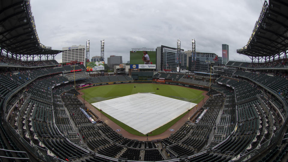 Truist Park is seen during a rain delay in the fifth inning of a baseball game between the Atlanta Braves and Miami Marlins, Sunday, Sept. 4, 2022, in Atlanta. (AP Photo/Hakim Wright Sr.)