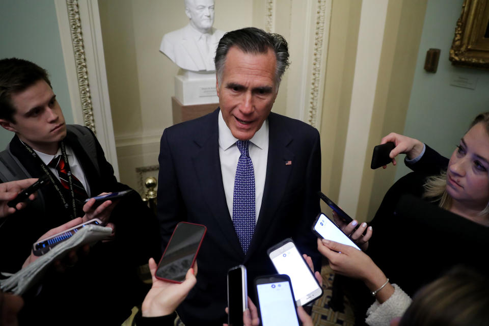 WASHINGTON, DC - JANUARY 21: Sen. Mitt Romney (R-UT) talks to reporters before heading into the weekly Senate Republican policy luncheon at the U.S. Capitol January 21, 2020 in Washington, DC. Senators will vote Tuesday on the rules for President Donald Trump's impeachment trial, which is expected to last three to five weeks. (Photo by Chip Somodevilla/Getty Images)