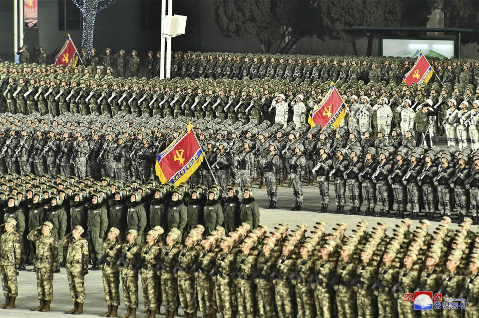 This photo provided by the North Korean government shows a military parade marking the ruling party congress, at Kim Il Sung Square in Pyongyang, North Korea Thursday, Jan. 14, 2021. Independent journalists were not given access to cover the event depicted in this image distributed by the North Korean government. The content of this image is as provided and cannot be independently verified. Korean language watermark on image as provided by source reads: "KCNA" which is the abbreviation for Korean Central News Agency. (Korean Central News Agency/Korea News Service via AP)