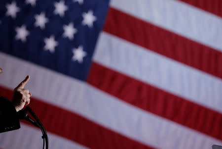 U.S. President Donald Trump makes a point while speaking during a campaign rally at the Columbia Regional Airport in Columbia, Missouri, U.S., November 1, 2018. REUTERS/Carlos Barria