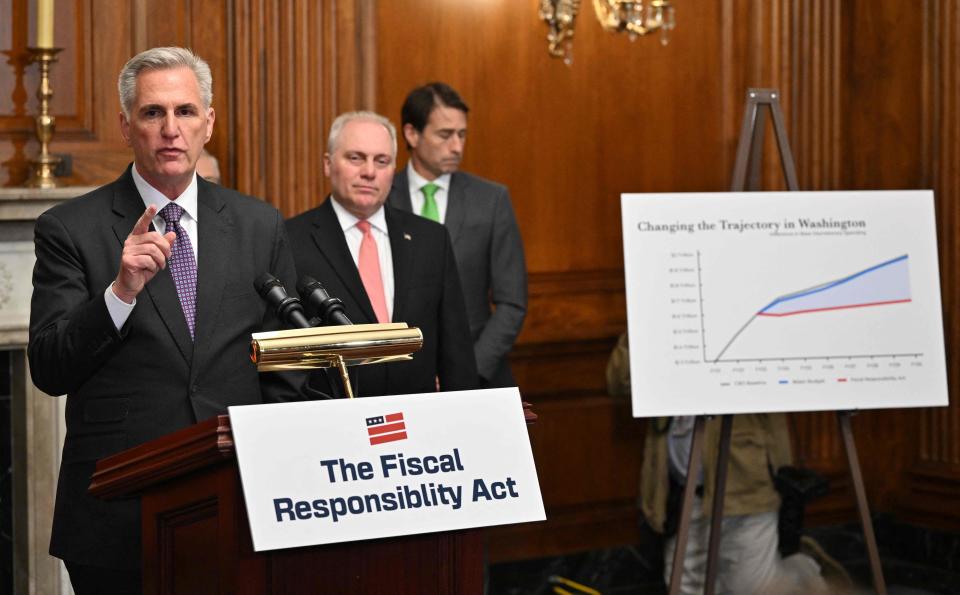 U.S. House Speaker Kevin McCarthy, R-California, speaks in the Rayburn Room following the House vote on Fiscal Responsibility Act at the Capitol in Washington, D.C., on May 31, 2023. The U.S. House of Representatives voted May 31, 2023 to raise the federal debt limit, moving the country a step closer to eliminating the threat of a calamitous credit default -- just five days ahead of the deadline set by the Treasury.