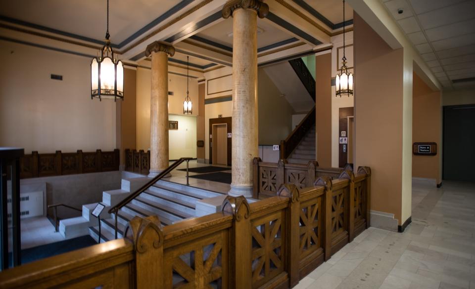 The entryway at the Masonic Temple Building pictured Wednesday, Sept. 13, 2023, when city leaders announced plans to redevelop the building into a new city hall.