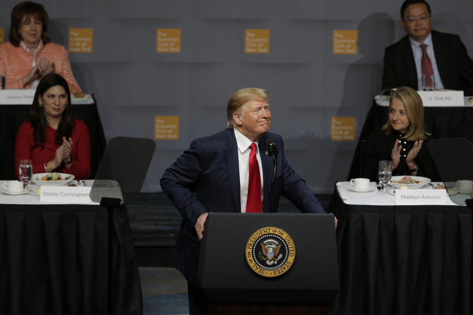 President Donald Trump speaks during a meeting of the Economic Club of New York in New York, Tuesday, Nov. 12, 2019. (AP Photo/Seth Wenig)