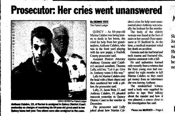 A 2002 clipping of The Patriot Ledger when three men accused of a plot to kill an elderly Quincy hairdresser were caught.